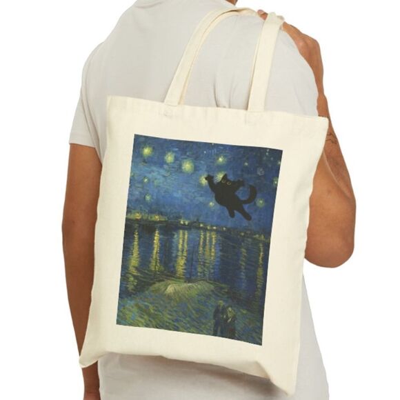Van Gogh Starry Night Over the Rhône Black Cat Tote - Picture 6 of 6